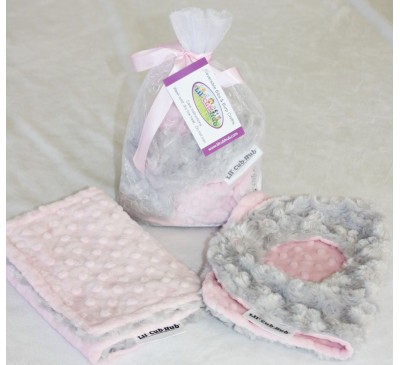 Baby Gift Set, Baby Shower Gift Set, Reversible & Adjustable Baby, Toddler Minky Bib and Burp Cloth, Pink Dot, Silver Grey Rosebud